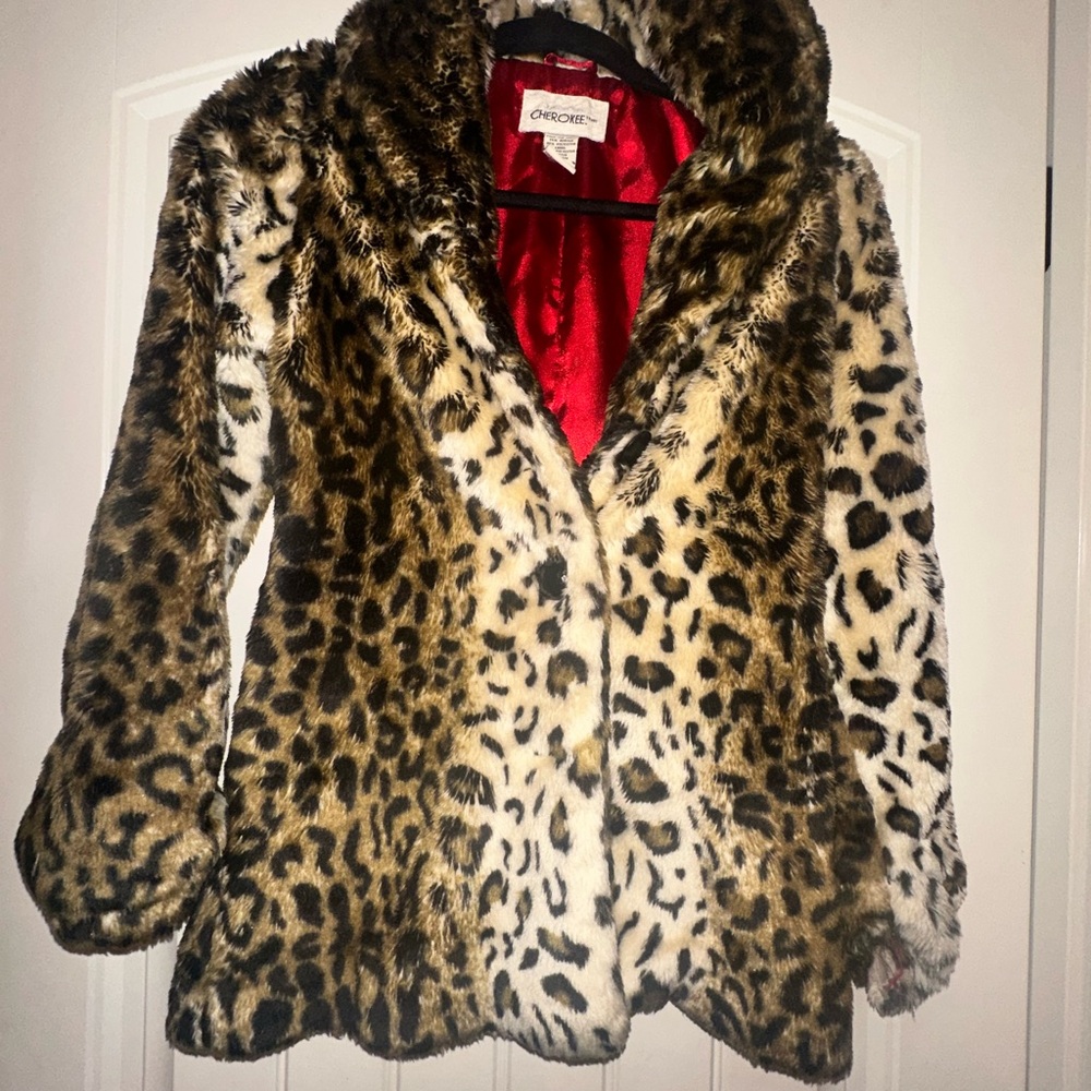 Cherokee Leopard Print Faux Fur Coat Red Lined | Girls Statement Jacket